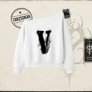 Unisex Vlone Kadın Kayık Yaka Sweatshirt Beyaz