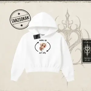 Unisex Wake up Act Silly Kadın Crop Kapşonlu Sweatshirt Beyaz