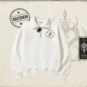 Unisex Wake up Act Silly Unisex Polo Yaka Yarım Fermuarlı Sweatshirt Beyaz