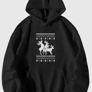 Unisex Yılbaşı Noel Baba Geyikleri Baskılı Kanguru Cepli Kapüşonlu Sweatshirt Sweat Siyah