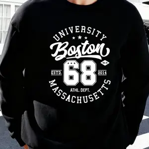 Üniversite Boston Massachusetts Baskılı Erkek Tişörtü Spor Bol Giysiler Yumuşak Rahat Kazakla