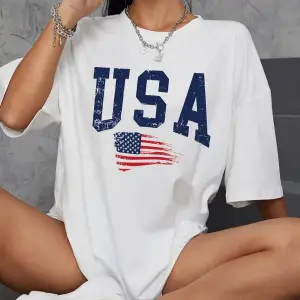 Usa Flag Baskılı Beyaz Oversize Tişört