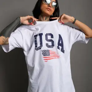 Usa Flag Baskılı Beyaz Oversize Tişört