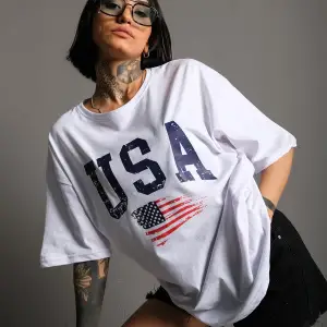 Usa Flag Baskılı Beyaz Oversize Tişört