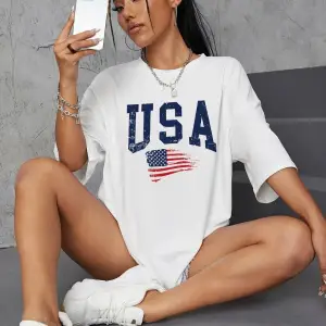 Usa Flag Baskılı Beyaz Oversize Tişört