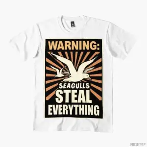 Uyarı Martılar Her Şeyi Çalıyor Erkekler Kadınlar İçin Tişört %100 Pamuklu Tişörtler Kısa Kol