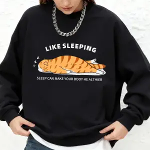 Uyuyan Kedi Baskılı Kapüşonlu Üstler Kadınlar İçin Kışlık Uzun Kollu Yuvarlak Yaka Sweatshirt