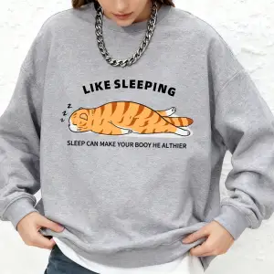 Uyuyan Kedi Baskılı Kapüşonlu Üstler Kadınlar İçin Kışlık Uzun Kollu Yuvarlak Yaka Sweatshirt