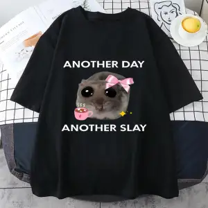 Üzgün Hamster başka bir gün Slay komik grafict-pamuk Kawaii Tshirt erkekler kadın bask