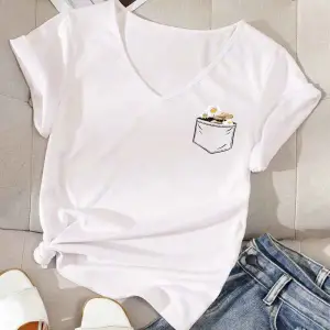 V Yaka Basic Çiçek Baskılı Pamuklu Tshirt (normal