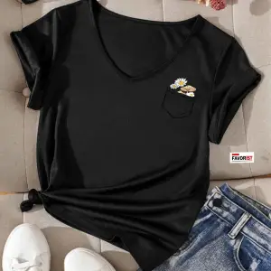 V Yaka Basic Çiçek Baskılı Pamuklu Tshirt (normal