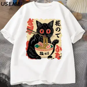 Vintage Japon Siyah Kedi Ramen T Shirt Sevimli Grafik Tee Komik Kedi Yeme Ramen T-Shirt Baskı 2828