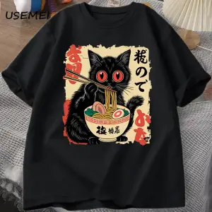 Vintage Japon Siyah Kedi Ramen T Shirt Sevimli Grafik Tee Komik Kedi Yeme Ramen T-Shirt Baskı 2828