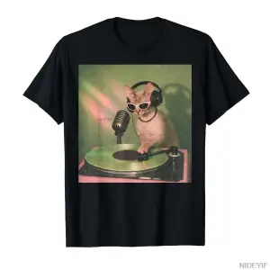 Vintage Kedi DJ Meme Retro Yavru Kedi Plak Çalar Komik Kedi Tişörtü Erkekler Kadınlar İçin %1