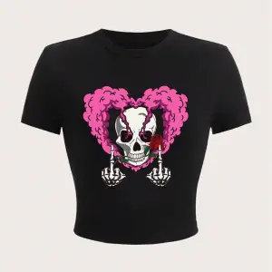 Vintage pembe kalp kafatası tasarım baskı kırpma üst yaz moda sokak kadın T-Shirt streç yumuş