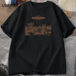 Vintage UFO Cowboy Cat T Shirt Retro T-Shirt 90s Western Tshirt Wild West Kitten Tshirt Casua 3047