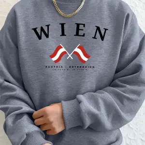 Viyana Avusturya Bayrağı Baskılı Erkek Sweatshirtleri Kışlık Bisiklet Yaka Kapüşonlu Sokak Gi