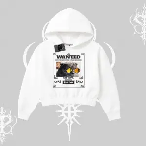 Wanted Temalı Kedi Baskılı Kapşonlu Crop Sweatshirt