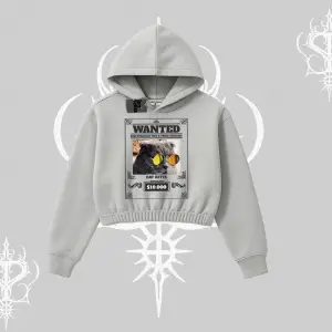 Wanted Temalı Kedi Baskılı Kapşonlu Crop Sweatshirt