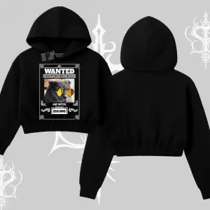 Wanted Temalı Kedi Baskılı Kapşonlu Crop Sweatshirt
