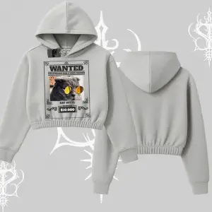 Wanted Temalı Kedi Baskılı Kapşonlu Crop Sweatshirt