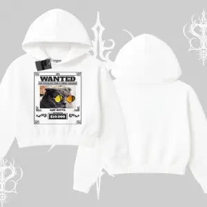 Wanted Temalı Kedi Baskılı Kapşonlu Crop Sweatshirt