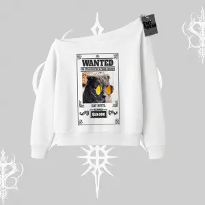 Wanted Temalı Kedi Baskılı Kayık Yaka Sweatshirt