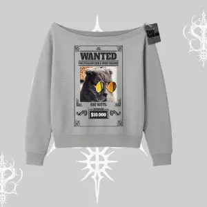 Wanted Temalı Kedi Baskılı Kayık Yaka Sweatshirt