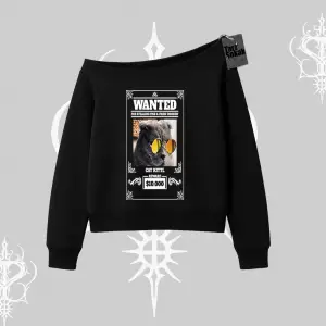 Wanted Temalı Kedi Baskılı Kayık Yaka Sweatshirt