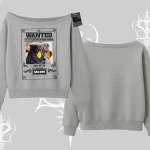 Wanted Temalı Kedi Baskılı Kayık Yaka Sweatshirt