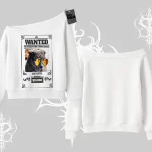 Wanted Temalı Kedi Baskılı Kayık Yaka Sweatshirt