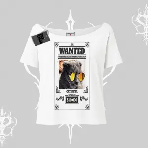 Wanted Temalı Kedi Baskılı Kayık Yaka Tshirt