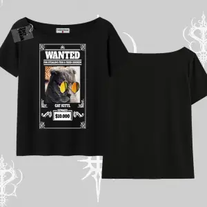 Wanted Temalı Kedi Baskılı Kayık Yaka Tshirt