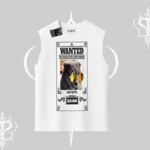 Wanted Temalı Kedi Baskılı Kolsuz Tshirt