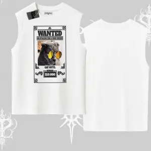 Wanted Temalı Kedi Baskılı Kolsuz Tshirt
