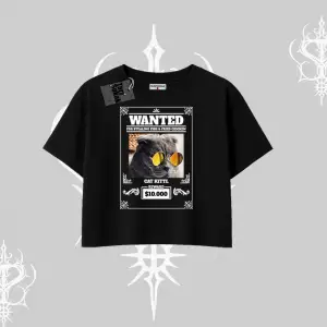 Wanted Temalı Kedi Baskılı Oversize Crop Tshirt