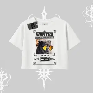Wanted Temalı Kedi Baskılı Oversize Crop Tshirt