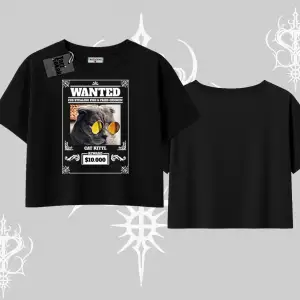 Wanted Temalı Kedi Baskılı Oversize Crop Tshirt