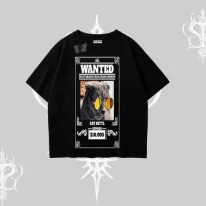 Wanted Temalı Kedi Baskılı Oversize Tshirt