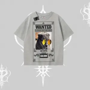 Wanted Temalı Kedi Baskılı Oversize Tshirt