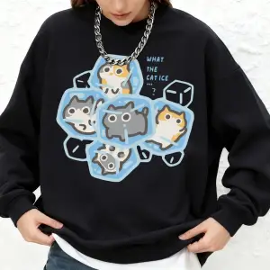 What The Cat Ice Baskılı Sweatshirtler Kadın Sonbahar Yuvarlak Yaka Oversize Kapüşonlu Üstler