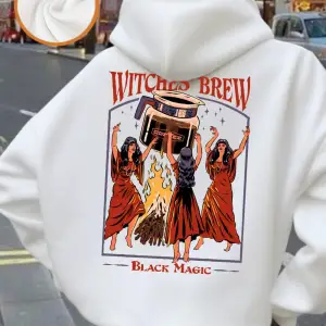 Witches Brew Kahve Baskılı Kapüşonlu Üstler Kadınlar İçin Basit Cepli Kazaklar Sonbahar Kış P