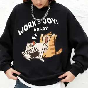 Work=Joy Angry Cat Baskılı Sweatshirt Kadın Günlük Bol Kesim Jogger Kapüşonlu Uzun Kollu Sıca