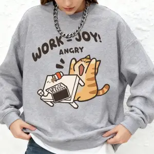 Work=Joy Angry Cat Baskılı Sweatshirt Kadın Günlük Bol Kesim Jogger Kapüşonlu Uzun Kollu Sıca