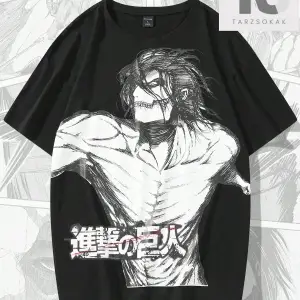 X Attack on Titan Erkek Figürü ve Japon Harfli Grafik Tişört