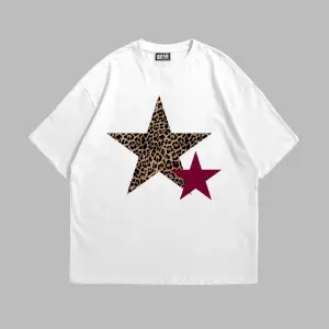 Y2k Leopar Starz Baskılı Oversize Unisex Beyaz