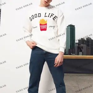Y2K Unisex Ekru Bts Good Life Sweatshirt KOD 2058