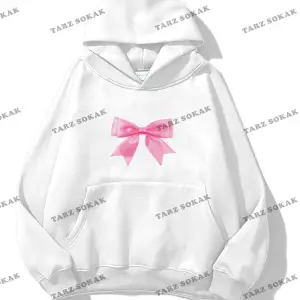 Y2K Unisex Pink Ribbon Sweatshirt KOD 1537 Beyaz