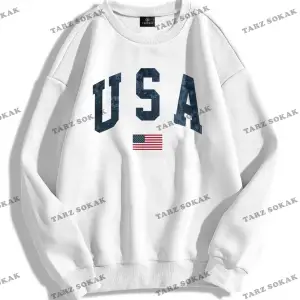 Y2K Unisex Usa Flag Bisiklet Yaka Sweatshirt KOD 1830 Beyaz