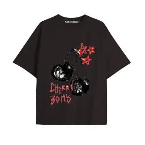 Y2k vintage Cherry Baskılı Sİyah T-shirt KOD 82